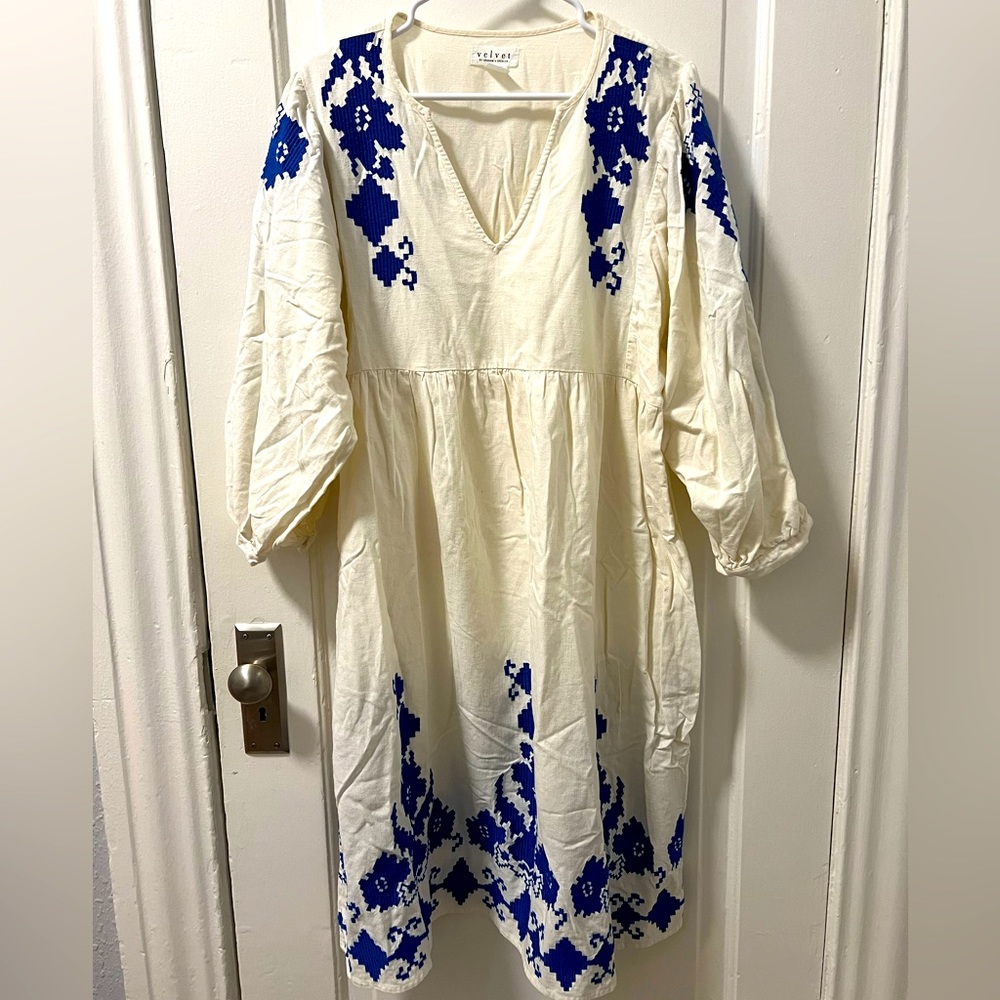 Velvet embroidered dress IVORY AND BLUE, size XL